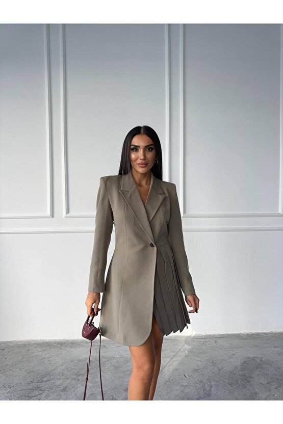 Pile Detaylı Tek Düğme Atlas Kumaş Haki Ceket Elbise