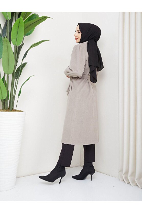 Kol Detaylı Kaşe Kumaş Kuşaklı Düğmeli Taş Midi Boy Kaban