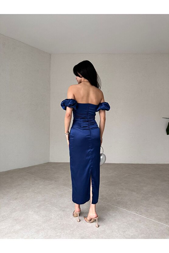 Straplez Kol Detaylı Yırtmaçlı Midi Boy Lacivert Şifon Elbise