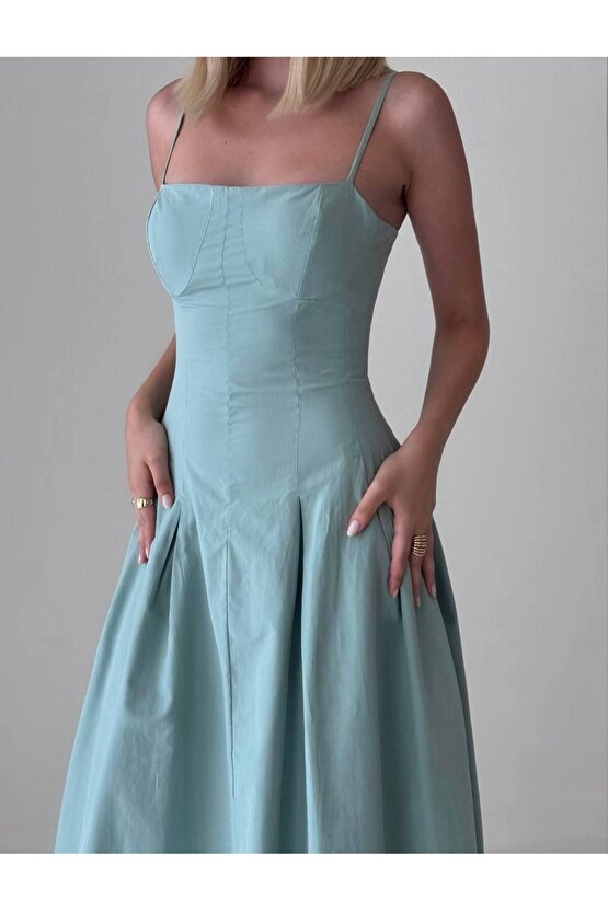 Pile Etek İnce Askılı Korse Formlu  Poplin Kumaş Su Yeşili Midi Elbise
