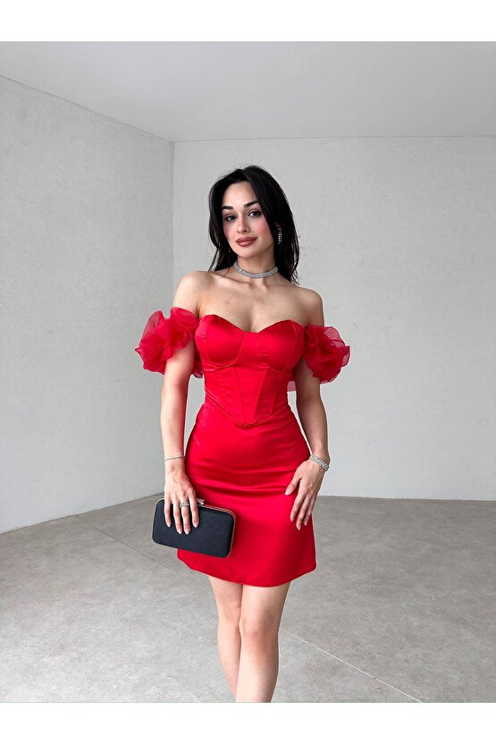 Organze Ayarlanabilir Kol Korse Formlu Mini Kırmızı Saten Elbise
