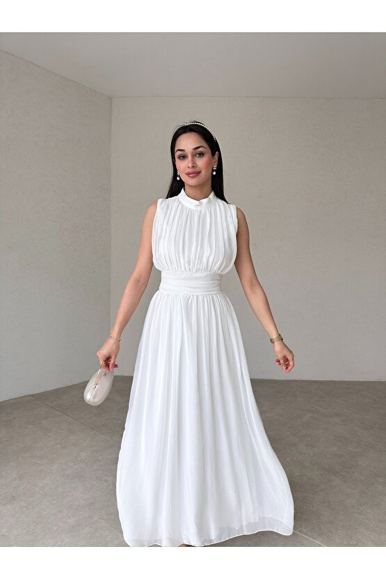 Sıfır Kol Gögüs drapeli Uzun Beyaz Şifon Elbise