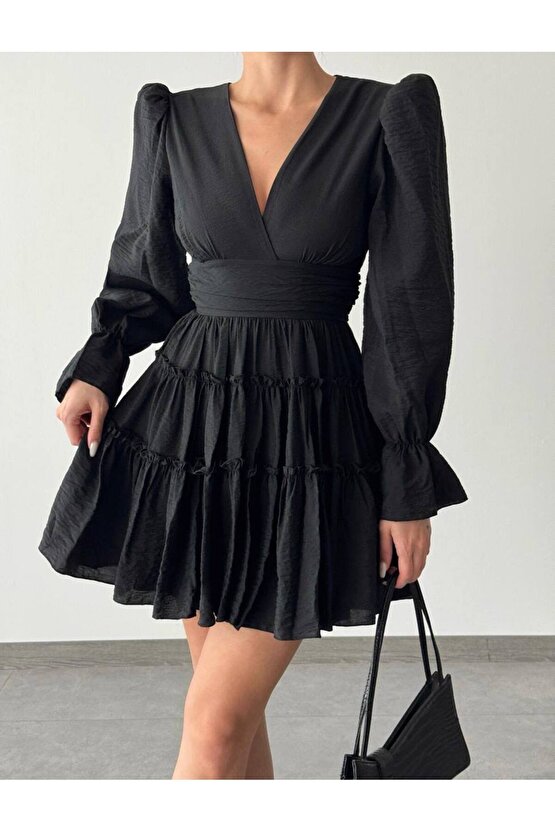 V Yaka Balon Kol Belden Oturtmalı Aerobin Kumaş Mini Boy Siyah Elbise