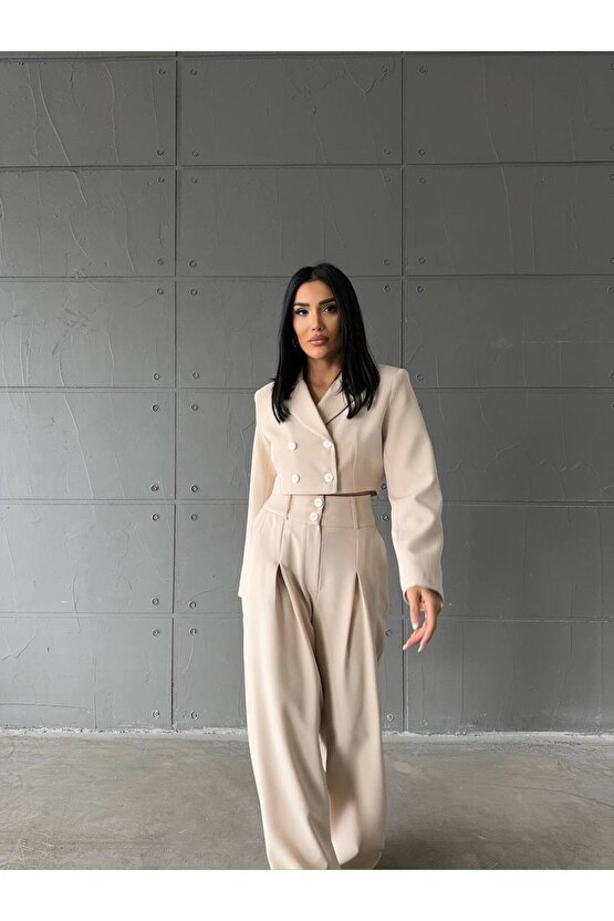 Atlas Kumaş Yüksel Bel İspanyol Paça Pantolon Ceket Bej Takım