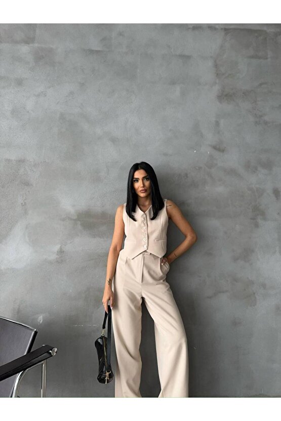 Atlas Kumaş Yüksel Bel İspanyol Paça Pantolon Yelek Bej Takım