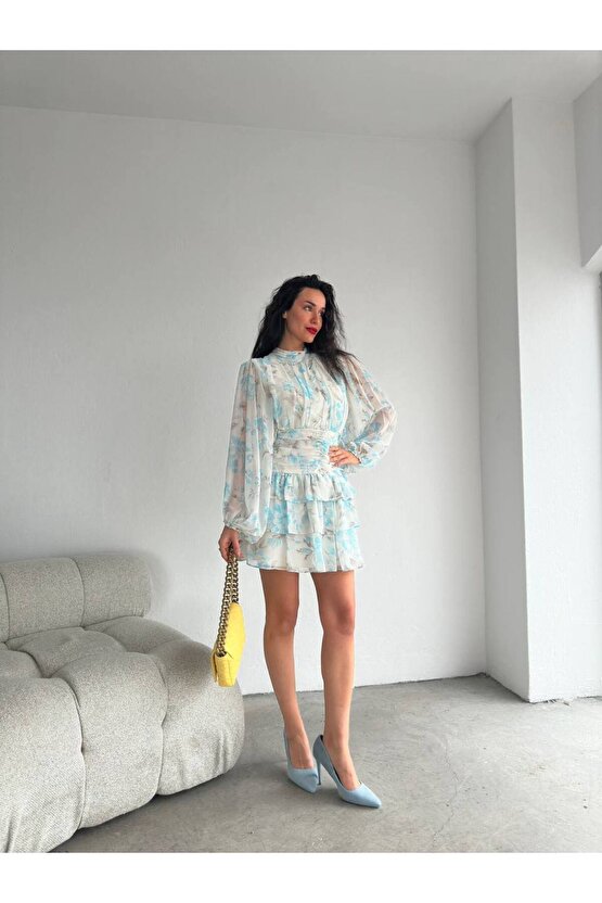 Dik Yakalı Drapeli Sırt Detaylı Çiçek Desenli Mint Yeşili Mini Şifon Elbise