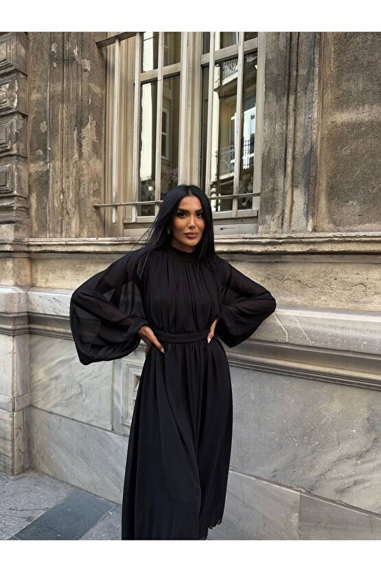 Uzun Kollu Midi Şifon Elbise