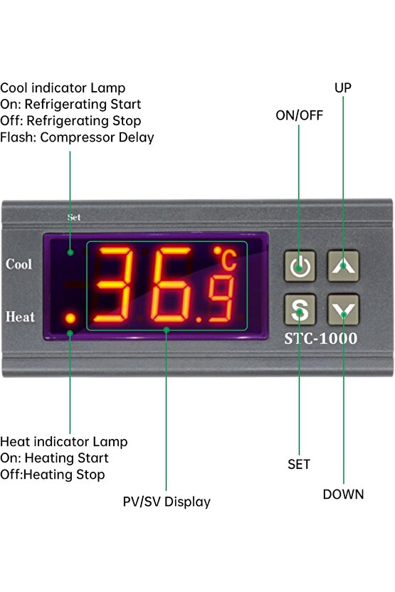 STC-1000 12V Dijital Termostat - Kuluçka ve Akvaryum Isı Kontrol Kartı (Sensörlü)