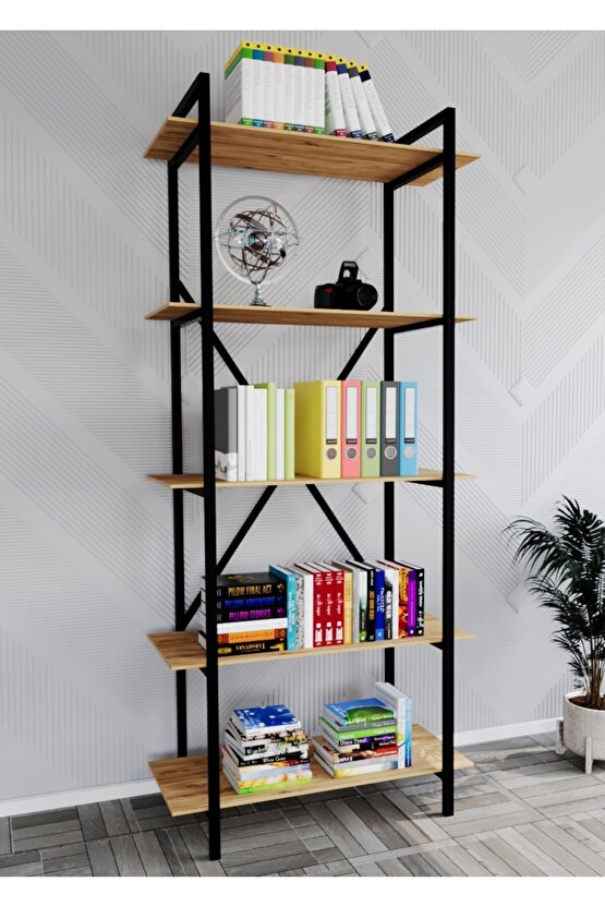 Metal Kitaplık 5 Raflı Çok Amaçlı Dosya Kitap Rafı Ofis Salon Atlantik Çam Raf
