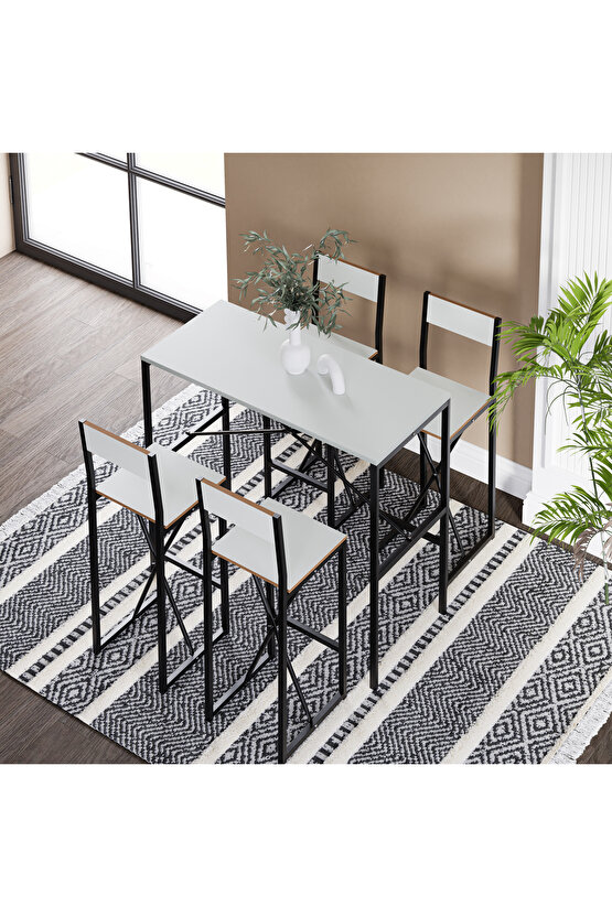 4 Kişilik Gzl Bar Masa Bar Sandalye Yemek Masa Sandalye Takımı Beyaz 1584