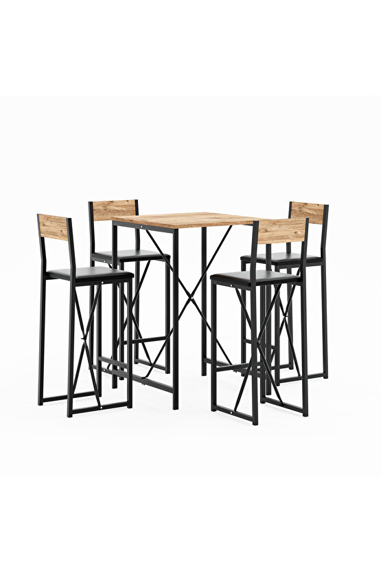 4 Kişilik Bar Masa Sandalye Seti Mutfak Yemek Masası Takımı Döşeme Çam  1578