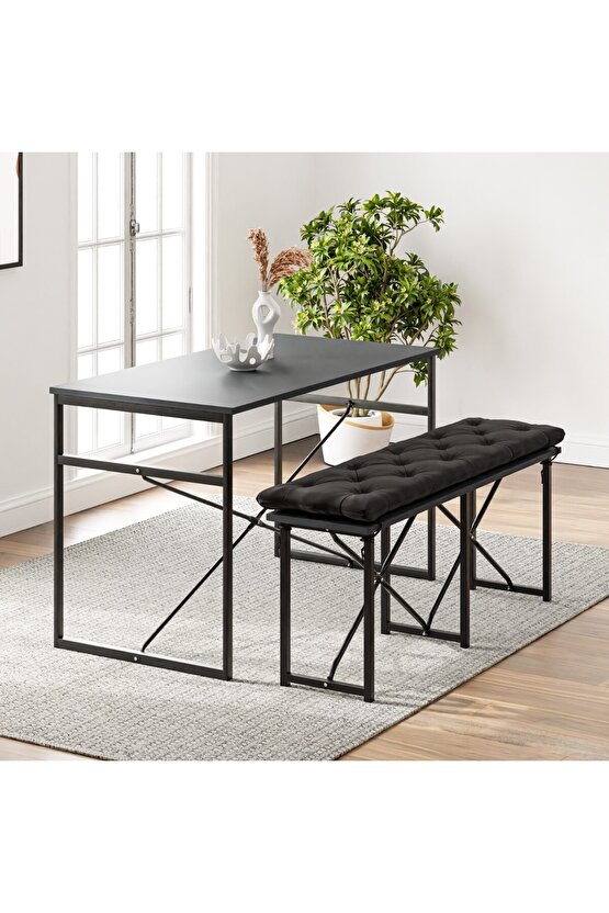 Masa Takımı Bench Bank Minderli Masa Seti 120x60 Mutfak ve Yemek Masası Füme 1564