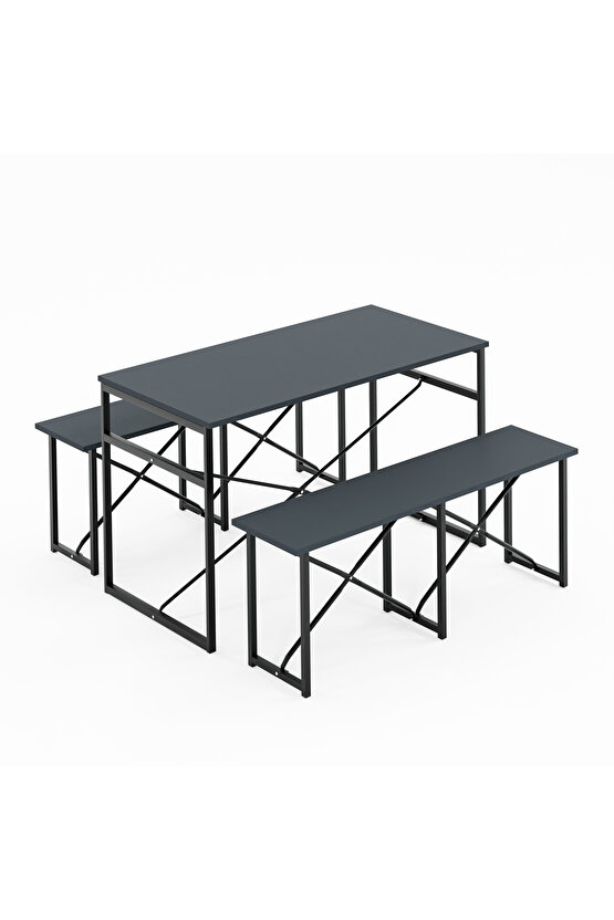 Masa Takımı Bench Bank Masa Seti 120x60 Masa Mutfak Masası Yemek Masası Füme 1553