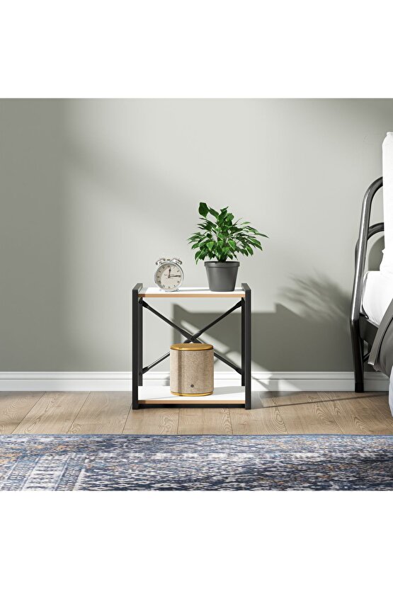 Çok Amaçlı Komodin Metal Ayaklı Raflı Sehpa Beyaz 1383