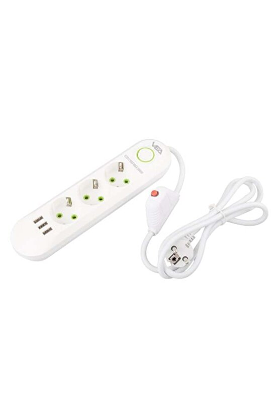 3 lü 1.5 Metre Uzatma Kablolu 3 Usb li Beyaz Akım Korumalı Gurup Priz BSN55-4L13X
