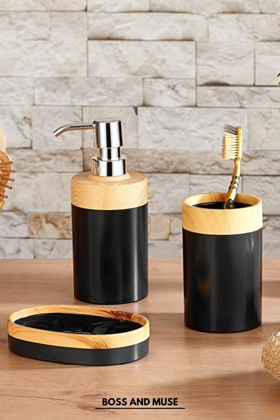 Bambu Görünümlü Plastik  3 Lü Banyo Seti Sıvı Sabunluk Diş Fırçalık Sabunluk