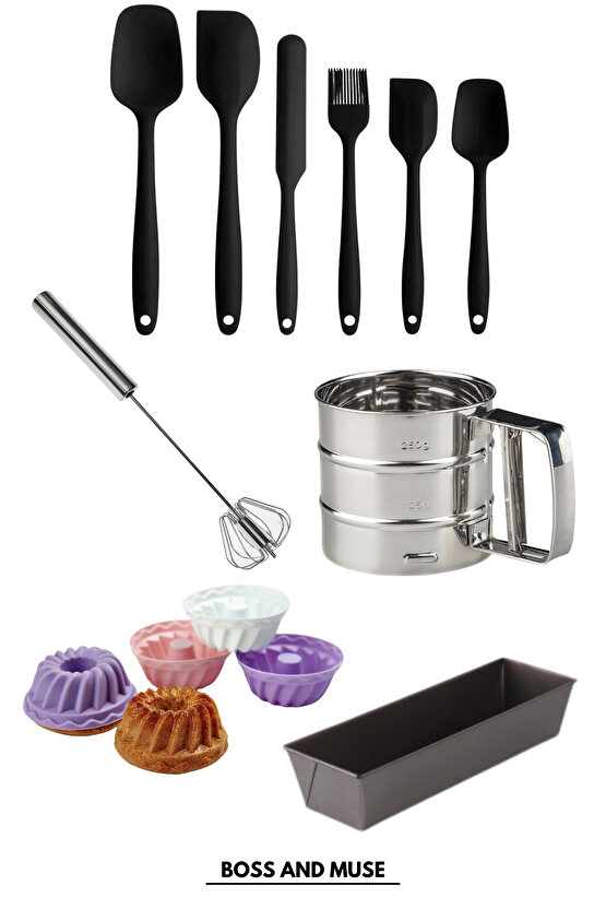 15 Parça Pasta Mutfak Seti Mufin & Baton Kek Kalıbı Un Eleği Silikon Spatula
