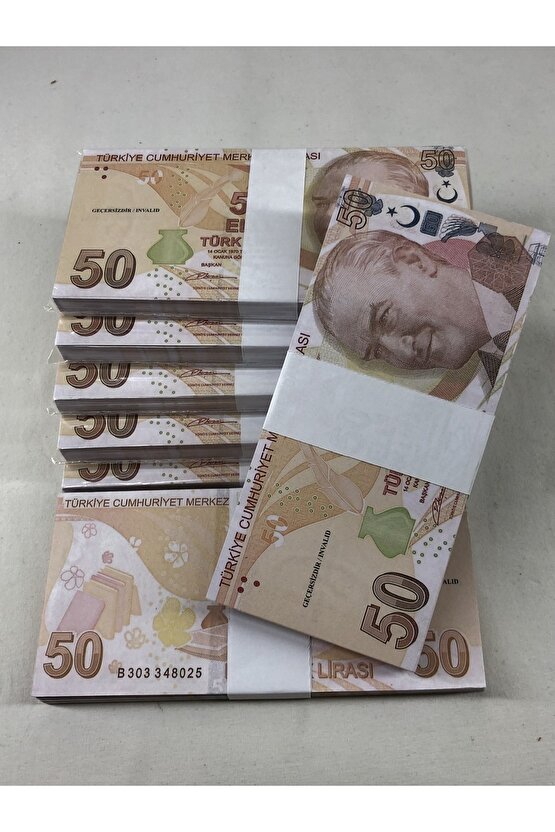 3 Deste Oyuncak Geçersiz Yazılı 50 Türk Lirası Yapay Çakma Para 300 Adet