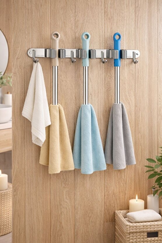 Paslanmaz Çelik Mop Askısı | Duvara Monte Mop ve Bez Tutucu 304 Çelik