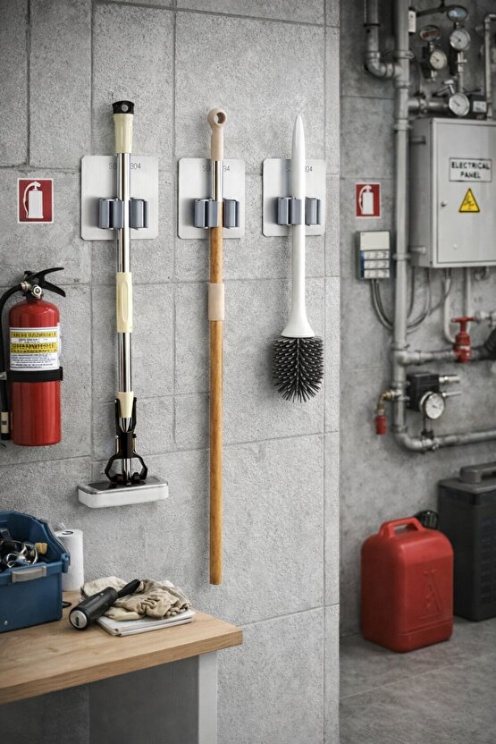 Paslanmaz Çelik Yapışkanlı Mop Tutucu | Klipsli Paspas Tutucu | Banyo Mutfak Temizlik Organizer