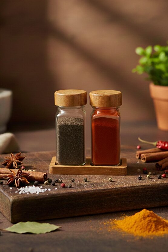 Standlı 3 Parça Bambu Kapaklı 2li Cam Baharatlık 120 Ml Tuzluk Biberlik