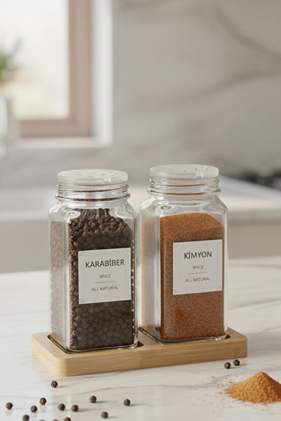 Standlı 3 Parça Bambu Kapaklı 2li Cam Baharatlık 120 Ml Tuzluk Biberlik