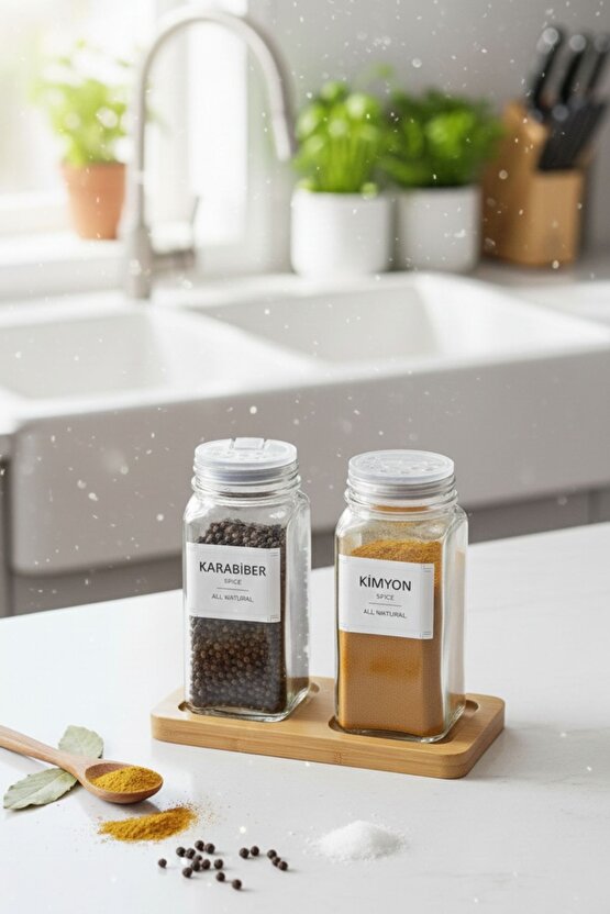 Standlı 3 Parça Bambu Kapaklı 2li Cam Baharatlık 120 Ml Tuzluk Biberlik