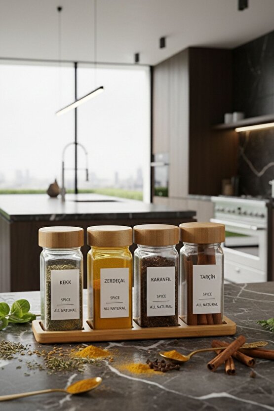 Standlı 5 Parça Bambu Kapaklı 4lü Cam Baharatlık 120 Ml Tuzluk Biberlik