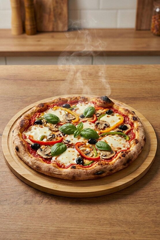 34 Cm Doğal Bambu Yuvarlak Kesme Tahtası, Sunum, Pizza ve Steak Tabağı