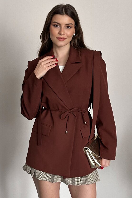 Kadın Kuşaklı Omuz Detaylı Blazer Ceket - Casual Modern Tasarım