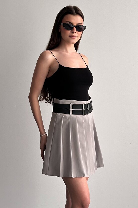 Kadın Çift Kemerli Şortlu Pileli Mini Etek - Yüksek Bel İç Göstermez Günlük Şık Kombin Eteği