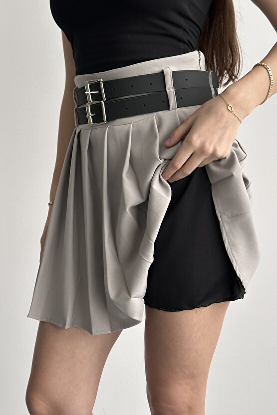 Kadın Çift Kemerli Şortlu Pileli Mini Etek - Yüksek Bel İç Göstermez Günlük Şık Kombin Eteği