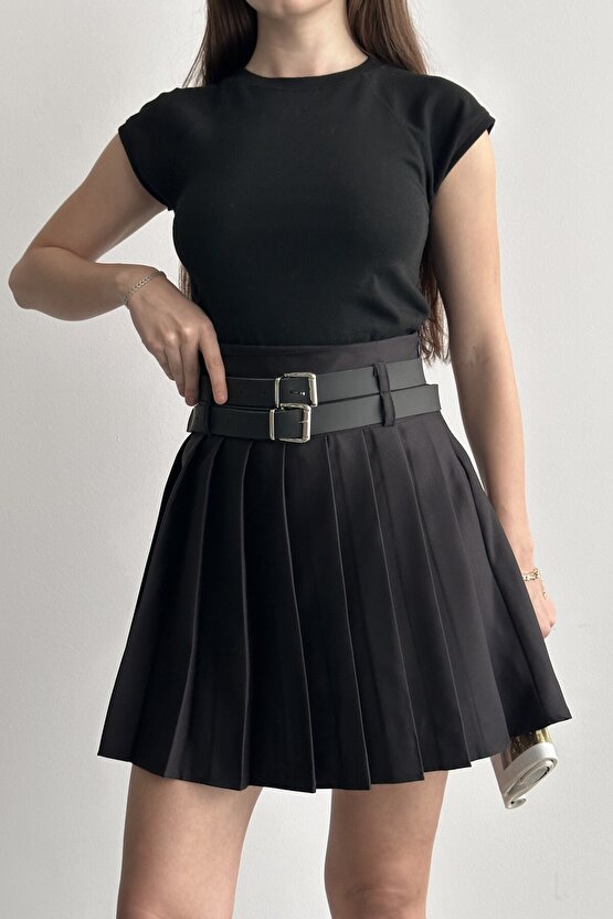 Kadın Çift Kemerli Şortlu Pileli Mini Etek - Yüksek Bel İç Göstermez Günlük Şık Kombin Eteği