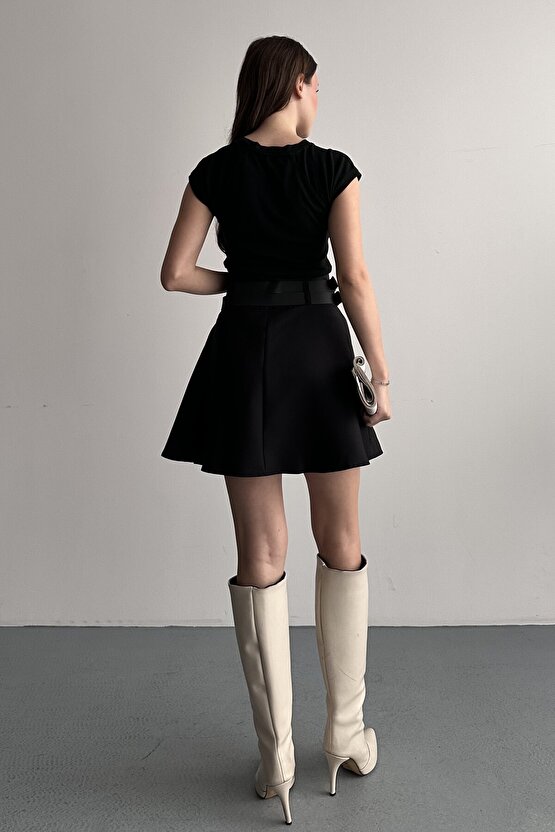 Kadın Çift Kemerli Şortlu Pileli Mini Etek - Yüksek Bel İç Göstermez Günlük Şık Kombin Eteği