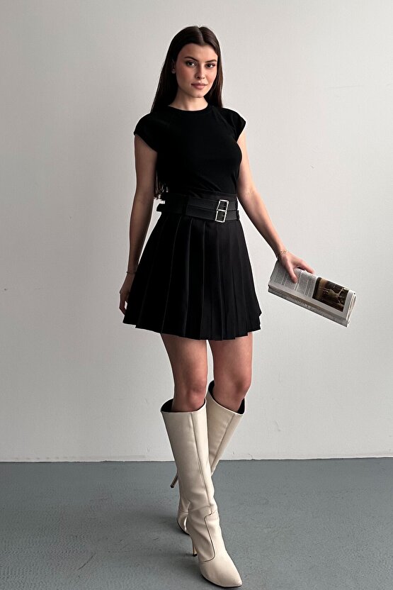 Kadın Çift Kemerli Şortlu Pileli Mini Etek - Yüksek Bel İç Göstermez Günlük Şık Kombin Eteği