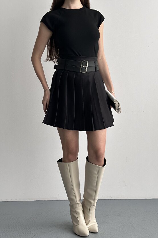 Kadın Çift Kemerli Şortlu Pileli Mini Etek - Yüksek Bel İç Göstermez Günlük Şık Kombin Eteği