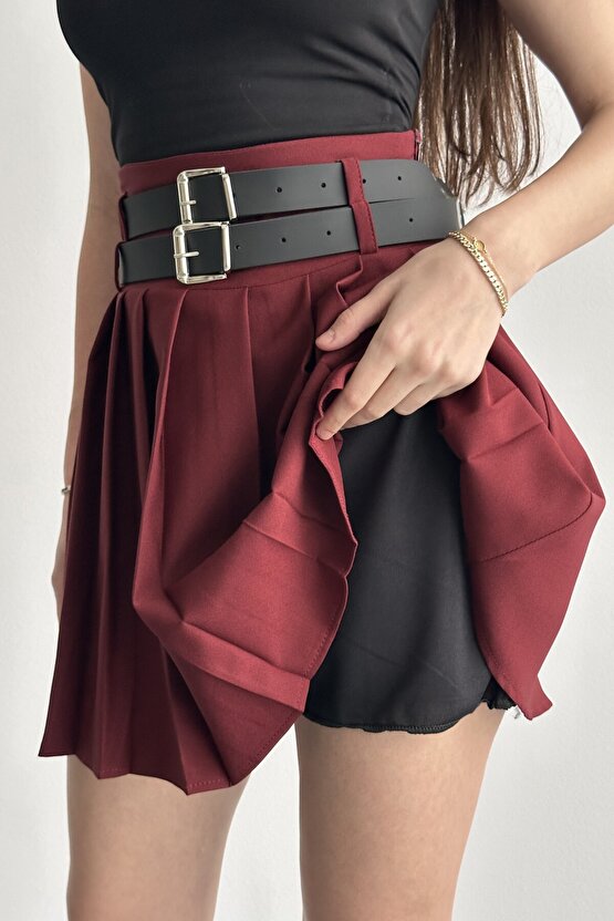 Kadın Çift Kemerli Şortlu Pileli Mini Etek - Yüksek Bel İç Göstermez Günlük Şık Kombin Eteği