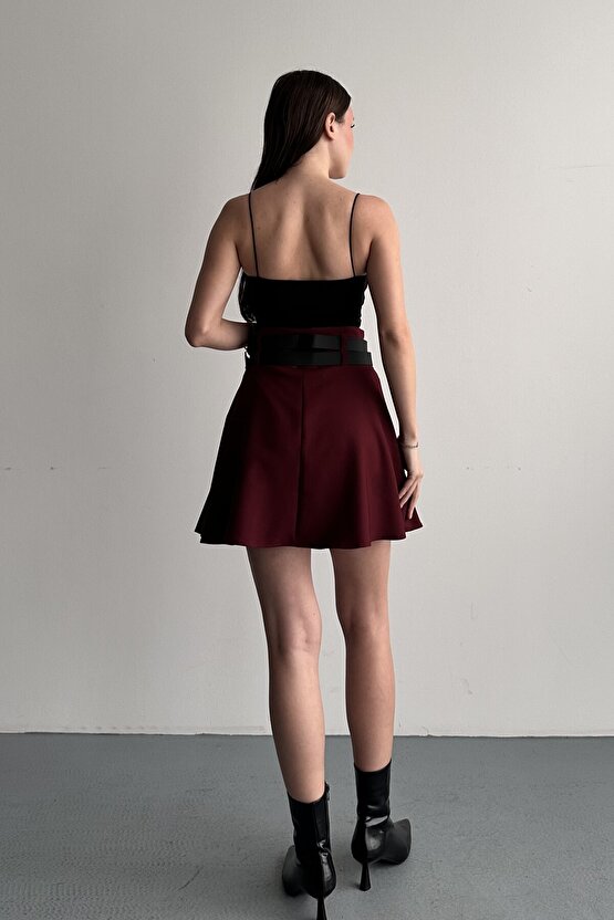 Kadın Çift Kemerli Şortlu Pileli Mini Etek - Yüksek Bel İç Göstermez Günlük Şık Kombin Eteği