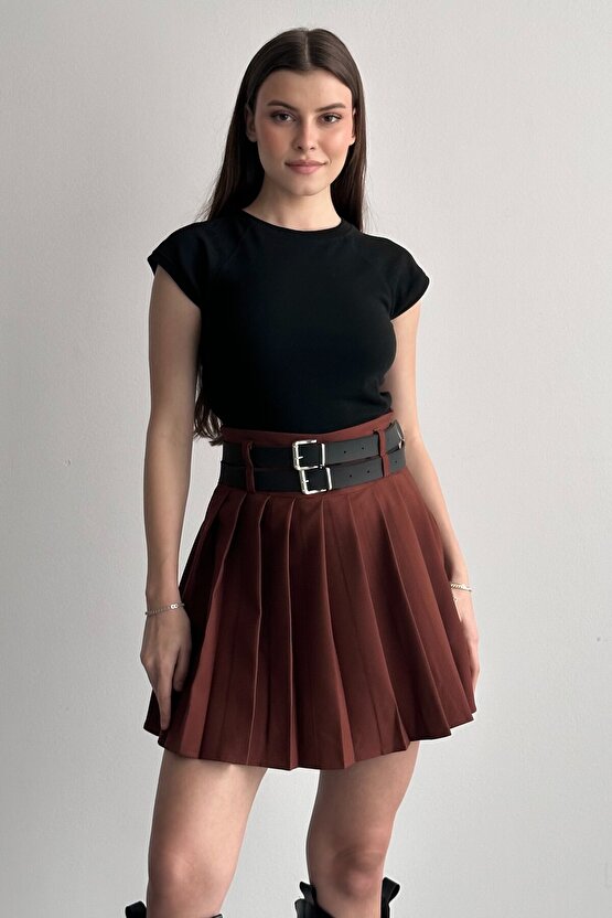 Kadın Çift Kemerli Şortlu Pileli Mini Etek - Yüksek Bel İç Göstermez Günlük Şık Kombin Eteği