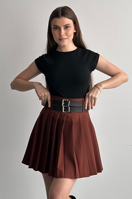 Kadın Çift Kemerli Şortlu Pileli Mini Etek - Yüksek Bel İç Göstermez Günlük Şık Kombin Eteği