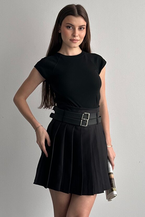 Kadın Çift Kemerli Şortlu Pileli Mini Etek - Yüksek Bel İç Göstermez Günlük Şık Kombin Eteği