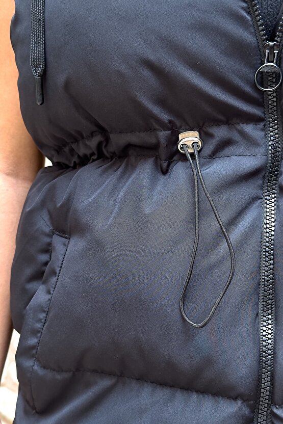 Kadın Kapüşonlu Şişme Yelek Siyah – Oversize Su itici Bel Büzgülü Spor Yelek