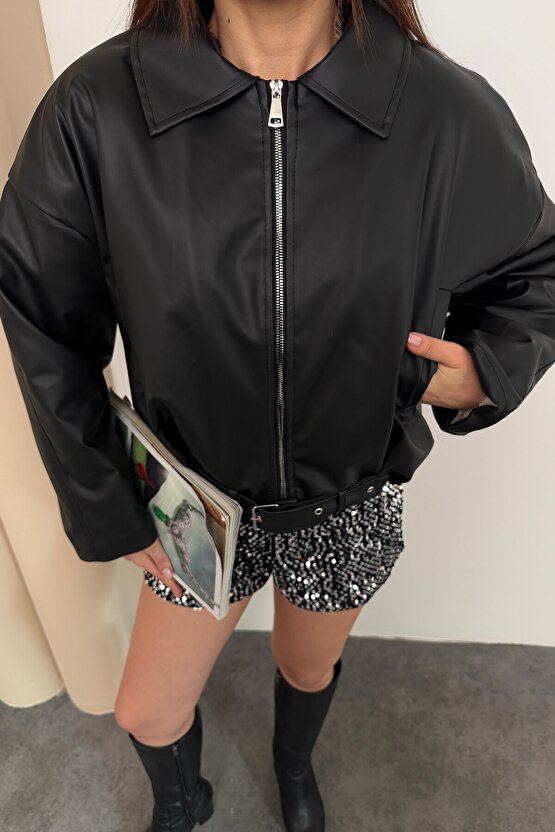 Kadın İçi Kürklü Peluş Astarlı Kemerli Oversize Deri Mont Ceket