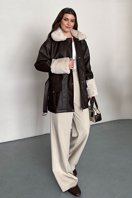 Kadın Kürk Detaylı Kemerli Deri Mont Astarlı Uzun Suni Deri Kaban