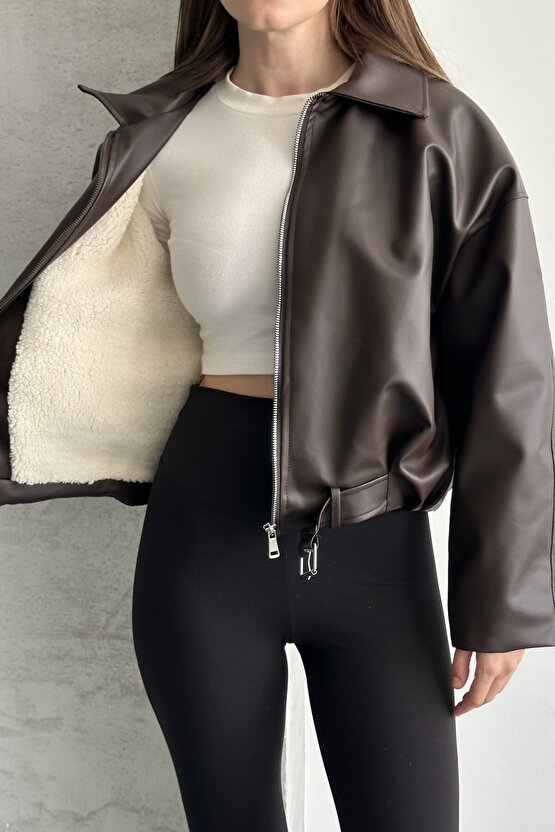 Kadın İçi Kürklü Oversize Deri Mont - Peluş Astarlı Biker Deri Ceket