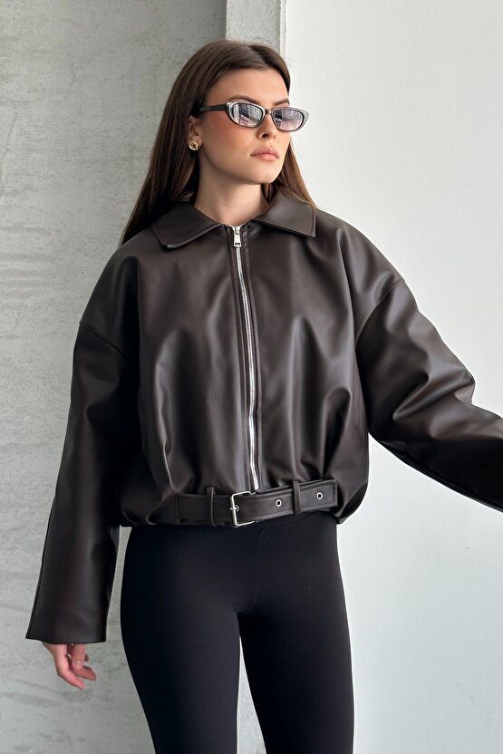 Kadın İçi Kürklü Oversize Deri Mont - Peluş Astarlı Biker Deri Ceket