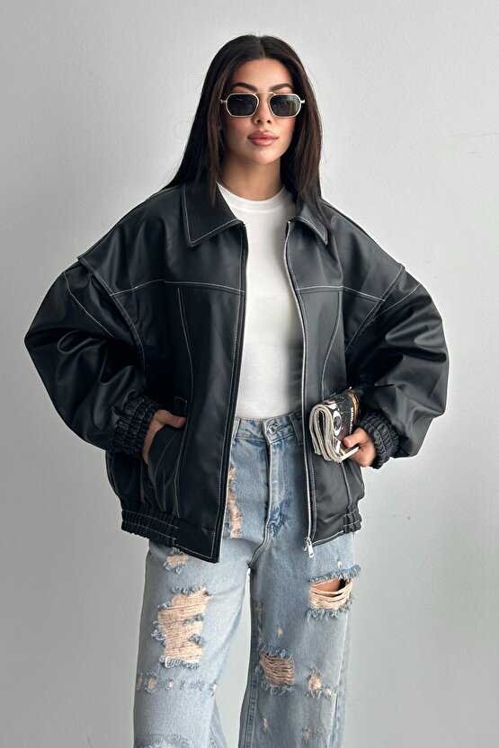 Kadın Vintage Oversize Siyah Deri Ceket - Bomber Kontrast Detaylı Biker Mont
