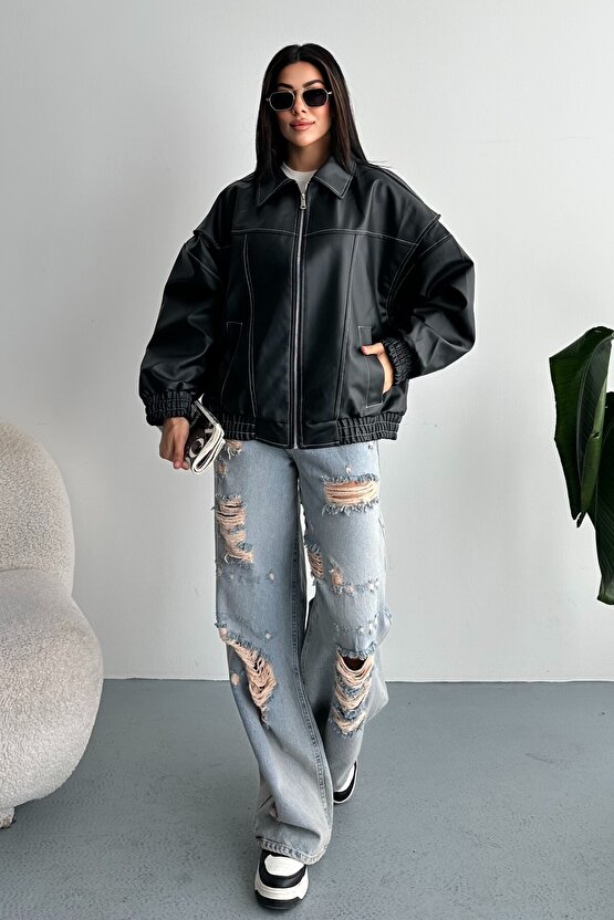 Kadın Vintage Oversize Siyah Deri Ceket - Bomber Kontrast Detaylı Biker Mont