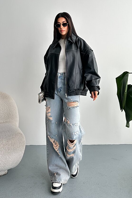 Kadın Vintage Oversize Siyah Deri Ceket - Bomber Kontrast Detaylı Biker Mont