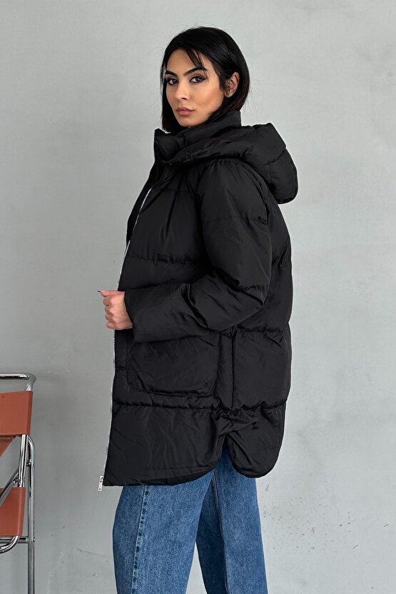 Kadın Kapüşonlu Uzun Şişme Mont Fermuarlı Cepli Kışlık Puffer Mont